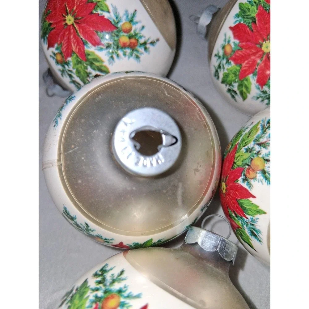Vintage Made in USA Poinsettia Christmas Ball Ornaments Set of 5 3